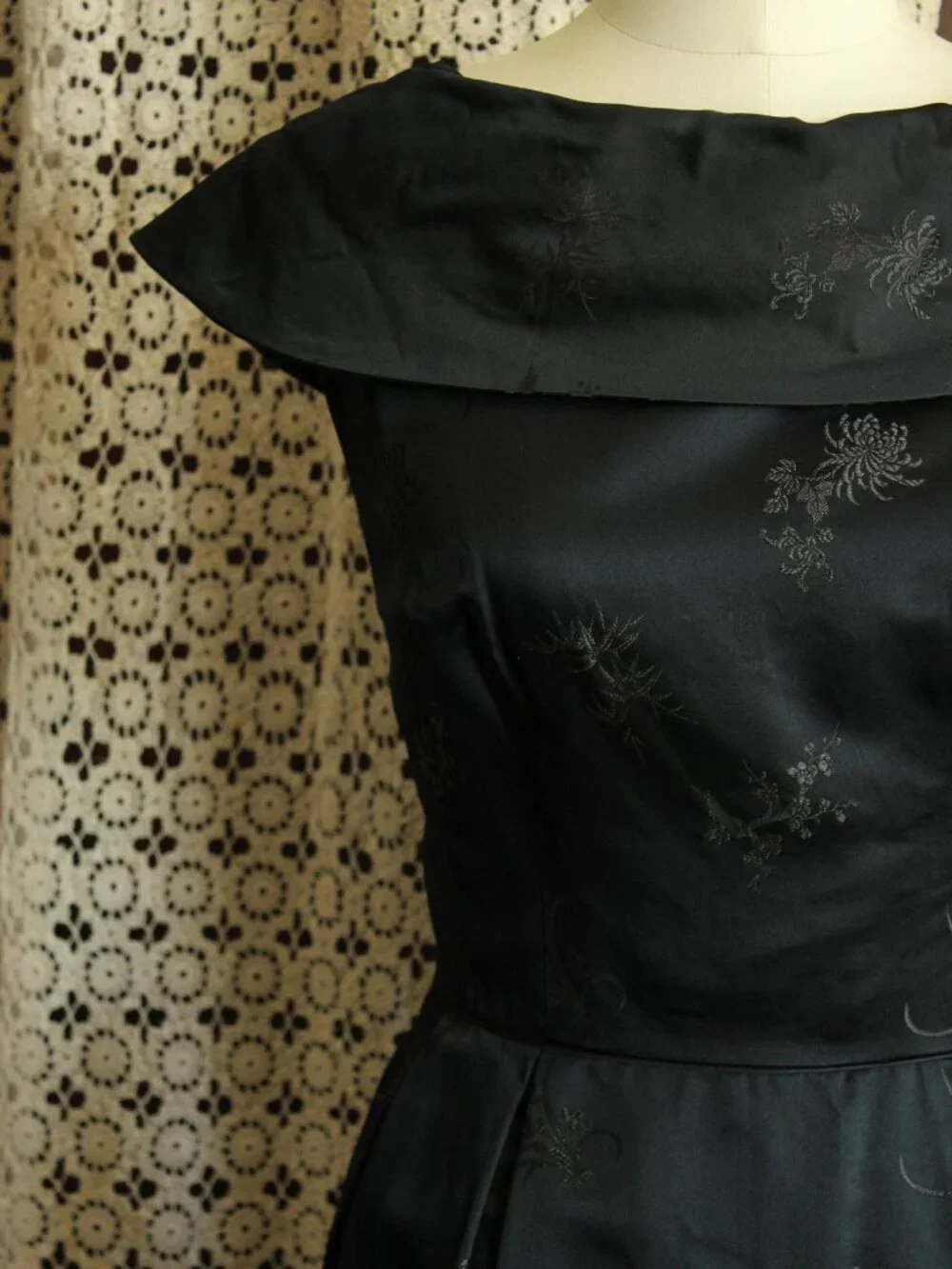 Vintage 1960s Dress, Black Satin Brocade Gown, Portrait Neckline Wiggle Style - Picture 12 of 13